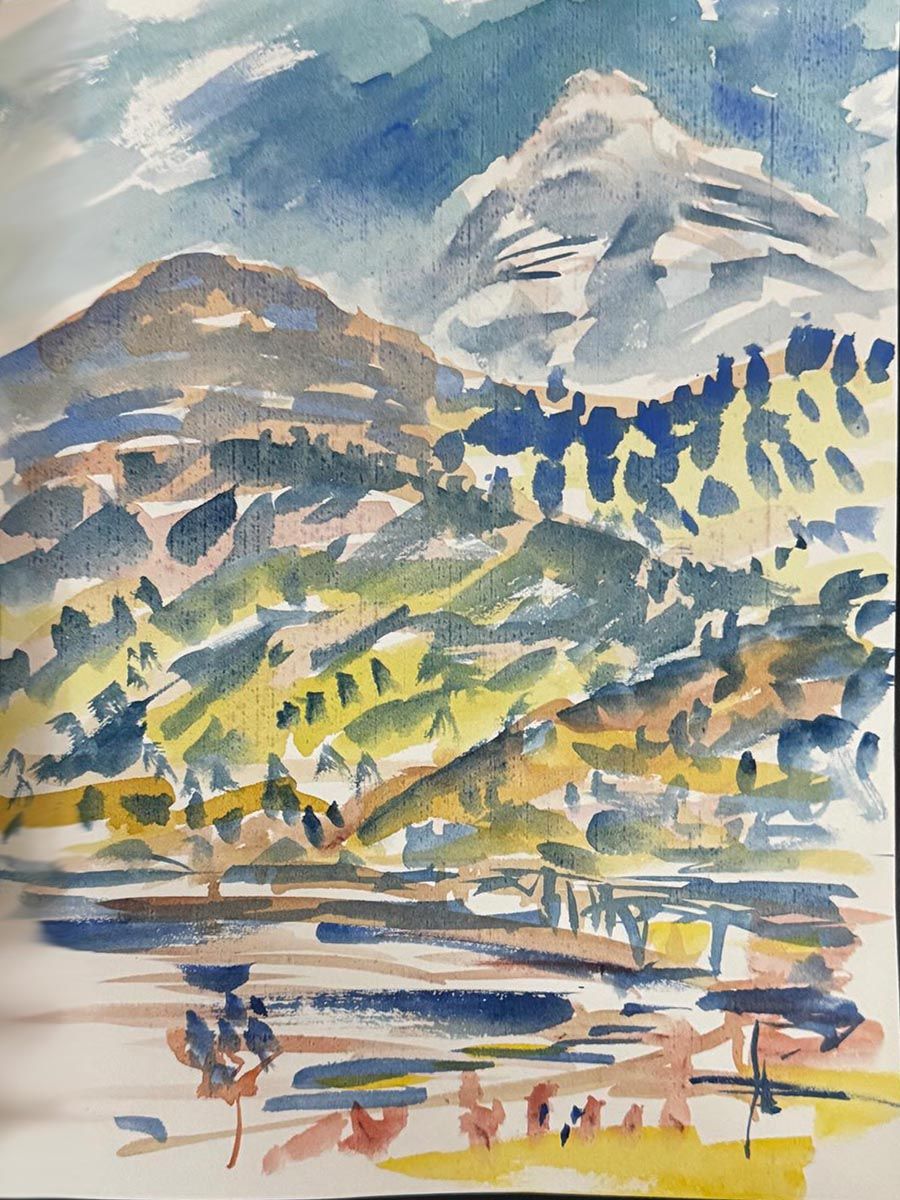 Jan Turner watercolour painting - Mountain landscape artwork